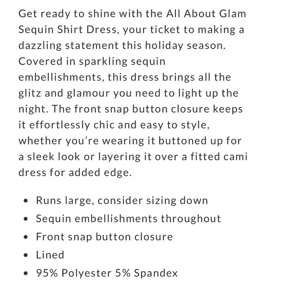 Vici Collection Sequin Shirt Dress
- Worn 1X like new - snap button closure - Picture 3 of 3